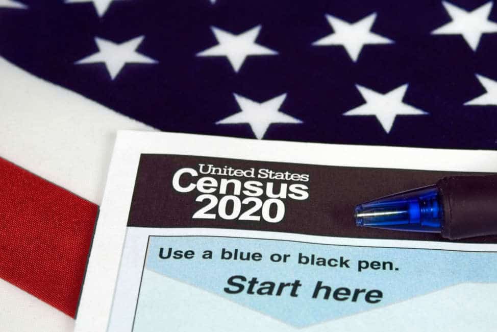 census document form and ball point ink pen on American flag for 2020