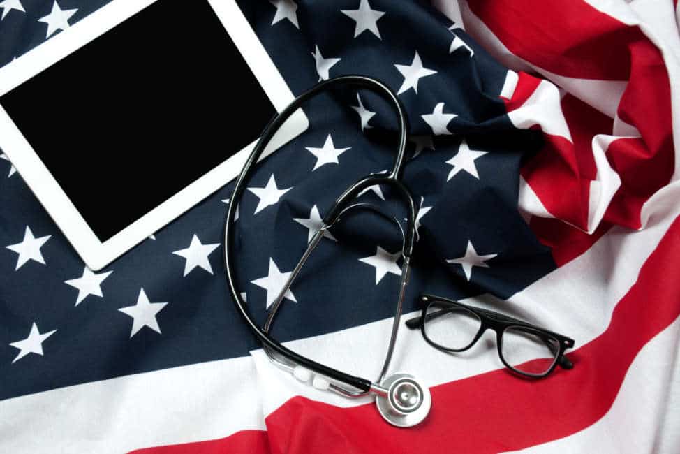 Stethoscope on US flag.  American national flag