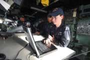 170803-N-JN784-021 
CORAL SEA (Aug. 3, 2017) Quartermaster 3rd Class  Sharon Stone checks coordinates on a computer on the bridge of the amphibious dock landing ship USS Ashland (LSD 48) during a replenishment-at-sea. Ashland is on patrol in the Indo-Asia-Pacific region to enhance partnerships and be a ready-response force for any type of contingency (U.S. Navy photo by Mass Communication Specialist 1st Class Alexandra Seeley/Released)