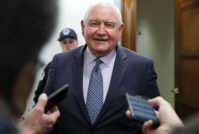 Agriculture Secretary Sonny Perdue speaks with reporters after testifying on the FY2019 USDA budget request April 11, 2018, on Capitol Hill. 