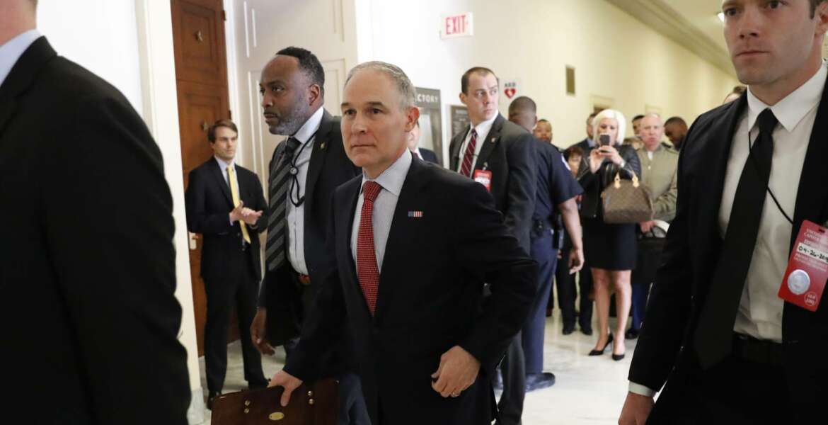Environmental Protection Agency Administrator Scott Pruitt arrives to the House Energy and Commerce subcommittee hearing on Capitol Hill in Washington, Thursday, April 26, 2018. (AP Photo/Pablo Martinez Monsivais)
