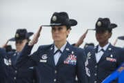 Chief Master Sgt. Hope L. Skibitsky, 737th Training Group and Air Force Basic Military Training superintendent, leads a female military training instructor mass during a BMT graduation March 9, 2018, at Joint Base San Antonio-Lackland, Texas. The formation was to honor National Women’s History Month which Congress designated in March 1987. (U.S. Air Force photo by Ismael Ortega)