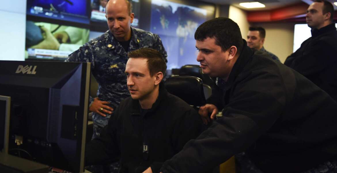 171214-N-JS206-0005
FORT GEORGE G. MEADE, Md. (Dec. 14, 2017) Sailors stand watch in the Fleet Operations Center at the headquarters of U.S. Fleet Cyber Command/U.S. 10th Fleet. U.S. Fleet Cyber Command serves as the Navy component command to U.S. Strategic Command and U.S. Cyber Command. U.S. 10th Fleet is the operational arm of Fleet Cyber Command and executes its mission through a task force structure. (U.S. Navy photo by Mass Communication Specialist Samuel Souvannason/Released)
