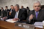 Senate Armed Services Committee member Sen. Jim Inhofe, R-Okla., left, and Ranking Member Sen. Jack Reed, D-R.I., right, during a hearing on Capitol Hill in Washington, Tuesday, March 6, 2018. (AP Photo/Pablo Martinez Monsivais)