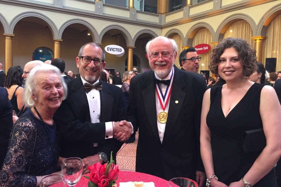 Post-It Note inventor Art Fry, second from right, and his companion Estelle Sell, left, greet Federal News Radio’s Tom Temin, second from left, and Lauren Larson at the National Inventors Hall of Fame gala in Washington, D.C., on May 3, 2018., 