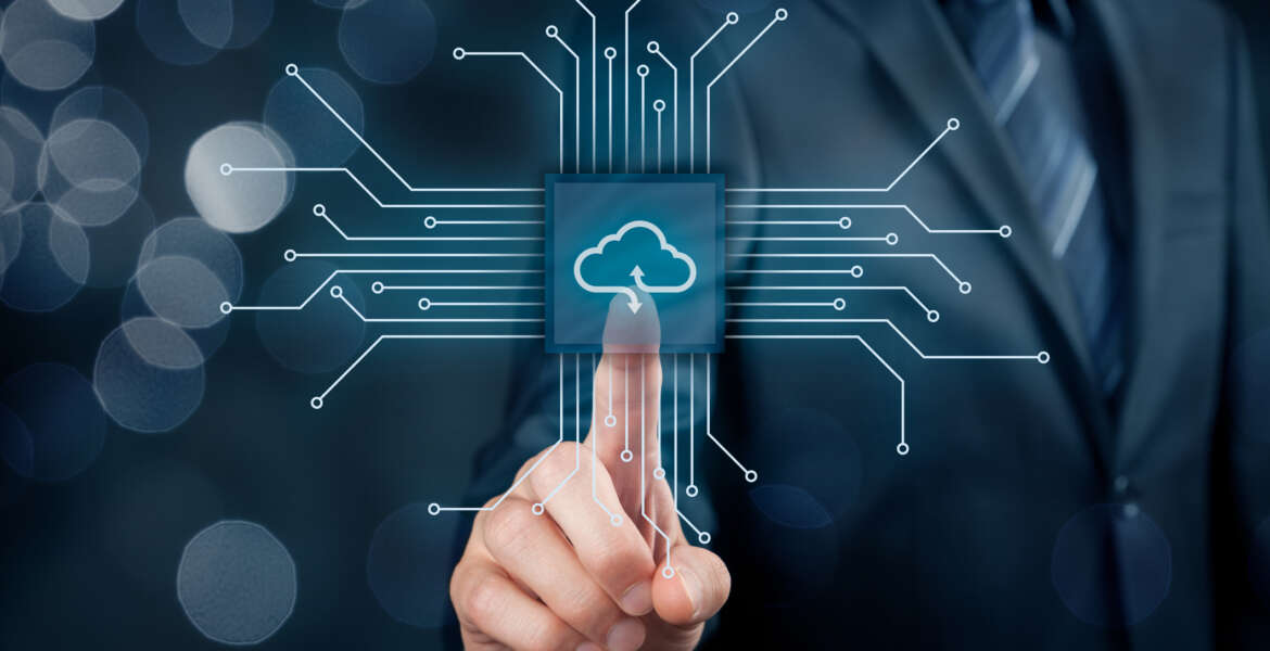 Cloud computing concept - connect devices to cloud. Businessman or information technologist with cloud computing icon.