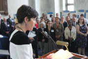 Dr. Carolyn Clancy, executive in charge of the Veterans Health Administration, addresses attendees of a VA Research Fair on June 9, 2018.