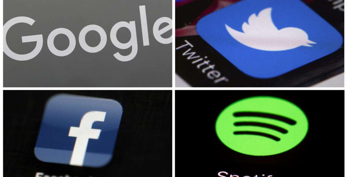 This photo combo of images shows, clockwise, from upper left: a Google sign, and apps for Twitter, Spotify and Facebook. YouTube, Facebook, Twitter, Spotify and other sites are finding themselves in a role they never wanted, as gatekeepers of discourse on their platforms,  deciding what should and shouldn't be allowed and often angering almost everyone in the process. (AP Photo)