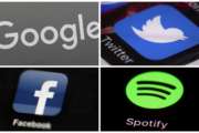 This photo combo of images shows, clockwise, from upper left: a Google sign, and apps for Twitter, Spotify and Facebook. YouTube, Facebook, Twitter, Spotify and other sites are finding themselves in a role they never wanted, as gatekeepers of discourse on their platforms,  deciding what should and shouldn't be allowed and often angering almost everyone in the process. (AP Photo)