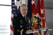 Gen. John Murray, Commanding General of U.S. Army Futures Command, speaks during an activation ceremony for the U.S. Army futures Command, Friday, Aug. 24, 2018, in Austin, Texas. The headquarters will be located at the University of Texas Systems Building in Austin. (AP Photo/Eric Gay)