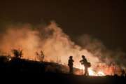 File - In this Aug. 9, 2018, file photo, firefighters keep watch the Holy Fire burning in the Cleveland National Forest in Lake Elsinore, Calif. Researchers have expanded a health-monitoring study of wildland firefighters after a previous study found season-long health declines and deteriorating reaction times. (AP Photo/Ringo H.W. Chiu, File)