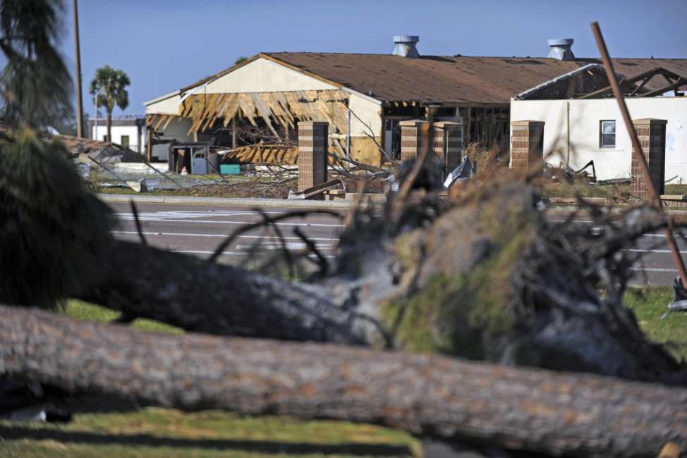 Damage from Hurricane Michael is evident on the buildings at Tyndall Air Force Base, Fla., on Sunday, Oct. 14, 2018. (Carlos Munoz/Sarasota Herald-Tribune via AP)