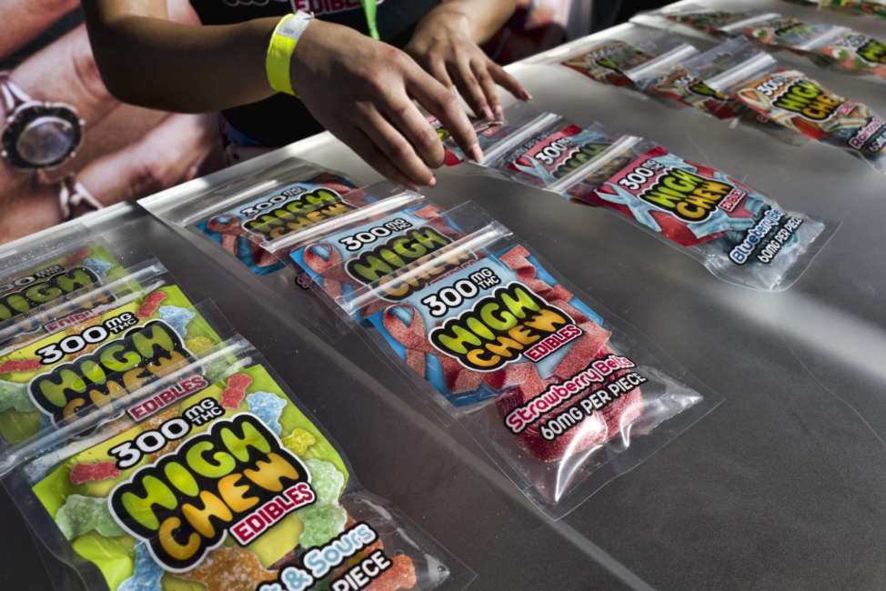 In this Saturday, Oct. 20, 2018 photo medicated High Chew edibles are shown on display and offered for sale at the cannabis-themed Kushstock Festival at Adelanto, Calif. Utah lawmaker Sen. Jim Dabakis drove to Las Vegas and tried marijuana for the first time ahead of an upcoming vote on a proposition that would legalize the medical use of marijuana in his state for individuals with qualifying medical conditions. Salt Lake City TV station KUTV reports Dabakis wanted to try cannabis before the vote. Dabakis selected an edible gummy bear for the test, saying legislators should at least try marijuana before it's up for vote next month. (AP Photo/Richard Vogel)