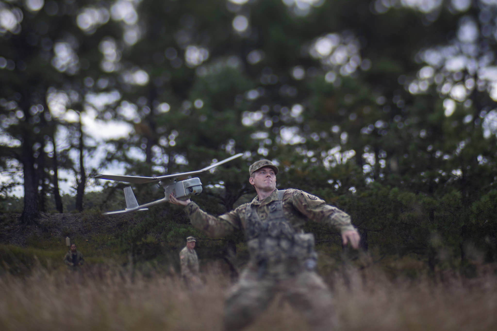 A U.S. Army Soldier prepares a RQ-11 Raven B for flight during the field training portion of a Unmanned Aerial System operator’s course on Joint Base McGuire-Dix-Lakehurst, N.J., Oct. 10, 2018. The course was held by the New Jersey Army National Guard’s 254th Regional Training Institute, which is based out of Sea Girt, N.J. (U.S. Air National Guard photo by Master Sgt. Matt Hecht)