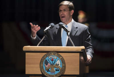 23rd Secretary of the Army, Mark Esper speaks at Conmy Hall at Joint Base Myer-Henderson Hall, Va. Friday, Jan. 5, 2018, during a full honor arrival ceremony in his honor (AP Photo/Carolyn Kaster)