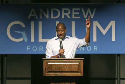 Tallahassee Mayor Andrew Gillum speaks at a campaign stop in his bid for governor, Monday, Nov. 5, 2018, in Crawfordville, Fla. (AP Photo/Steve Cannon)