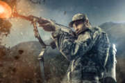 man in military gear shooting action with mountains on background game
