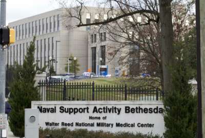 Walter Reed National Military Medical Center is seen on Tuesday, Nov. 27, 2018, in Bethesda Md. The Navy says a drill was taking place at the Maryland base that's home to Walter Reed where an active shooter had been reported. Naval Support Activity Bethesda tweeted that no shooter had been found and personnel could move about the Maryland base freely. (AP Photo/Jose Luis Magana)