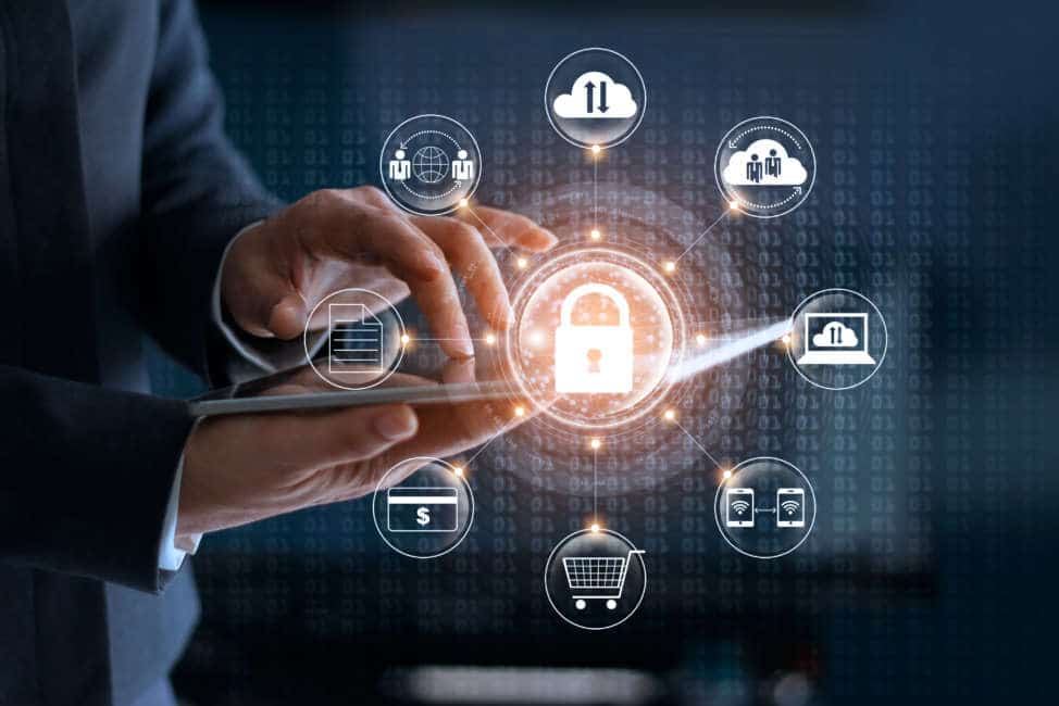 Cyber Security. Businessman using tablet technology and icon customer network connection and exchange data on the virtual display. Cyber attack concept