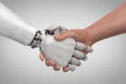 Robot and Man Shaking Hands. 3d render