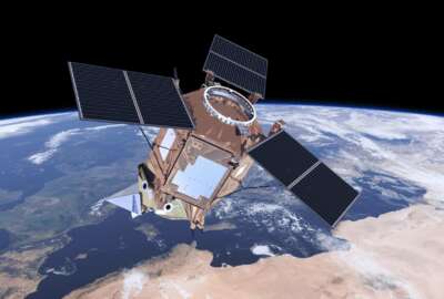 The undated artist rendering provided by ESa shows the Sentinel-5P satellite which is the first Copernicus mission dedicated to monitoring our atmosphere. It carries the Tropomi instrument to map a multitude of trace gases and aerosols that affect the air we breathe and our climate. (ESA via AP)