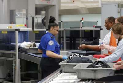 A Transportation Security Administration employee helps air travelers submit their bags for inspection at Hartsfield Jackson Atlanta International Airport Monday, Jan. 7, 2019, in Atlanta. (AP Photo/John Bazemore)