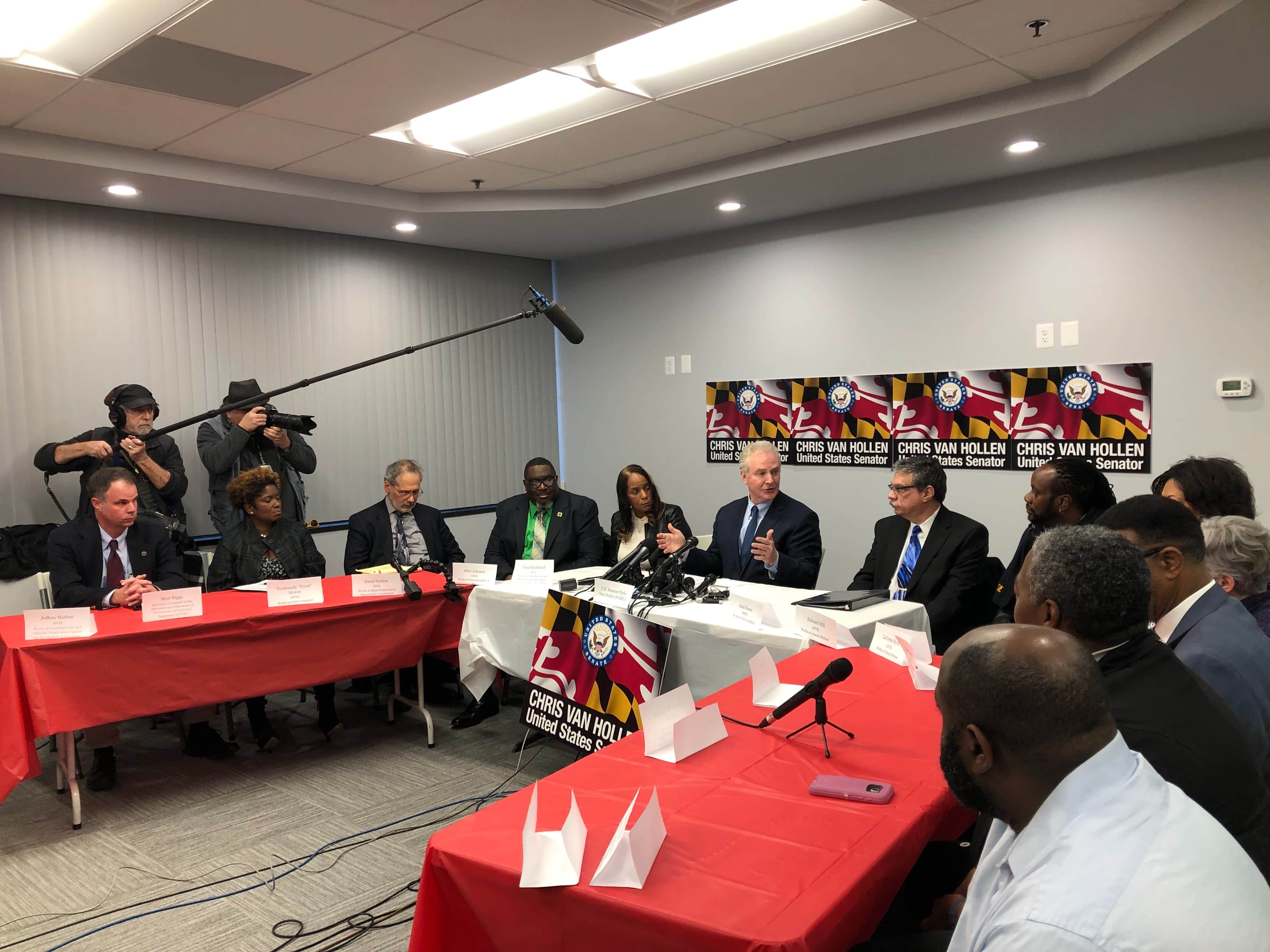 Sen. Chris Van Hollen (D-Md.) addresses a roundtable of federal employees affected by the partial government shutdown Jan. 7, 2019.Sen. Chris Van Hollen (D-Md.) addresses a roundtable of federal employees affected by the partial government shutdown Jan. 7, 2019.