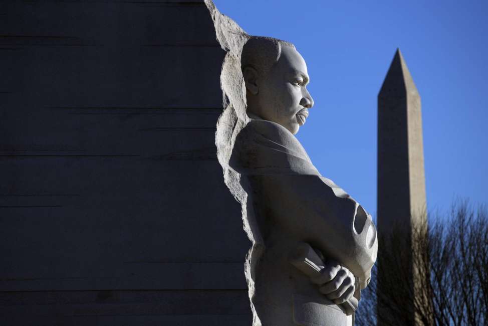 The Martin Luther King, Jr. Memorial on MLK Day, Monday, Jan. 21, 2019, in Washington, with the Washington monument, rear.  (AP Photo/Jacquelyn Martin)