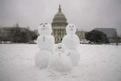 A snow family is seen on Capitol Hill as a winter storm arrives in the region, Sunday, Jan. 13, 2019, in Washington. (AP Photo/Alex Brandon)