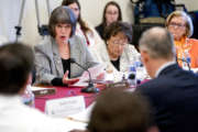 Rep. Betty McCollum, D-Minn., left, questions Environmental Protection Agency Administrator Scott Pruitt, foreground, as he testifies on the EPA FY2019 budget at a House Appropriations Subcommittee on Interior, Environment and Related Agencies on Capitol Hill in Washington, Thursday, April 26, 2018. (AP Photo/Andrew Harnik)