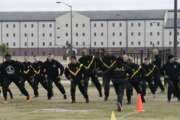 In this photo taken Tuesday, Jan. 8, 2019, U.S Army troops training to serve as instructors participate in the new Army combat fitness test at the 108th Air Defense Artillery Brigade compound at Fort Bragg, N.C. The Army National Guard is looking for nearly 5,000 fitness instructors and buying roughly $40 million in workout equipment in the next seven months to help its soldiers meet new physical fitness standards being set by the military service. (AP Photo/Gerry Broome)