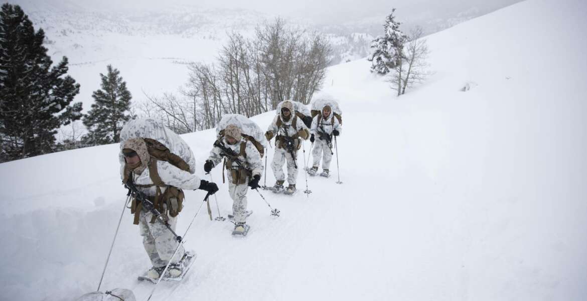 A group of U.S. Marines walk along a snow-covered trail during their advanced cold-weather training at the Marine Corps Mountain Warfare Training Center Sunday, Feb. 10, 2019, in Bridgeport, Calif. After 17 years of war against Taliban and al-Qaida-linked insurgents, the military is shifting its focus to better prepare for great-power competition with Russia and China, and against unpredictable foes such as North Korea and Iran. (AP Photo/Jae C. Hong)