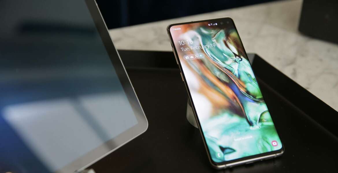 In this Tuesday, Feb. 19, 2019, photo is a Samsung Galaxy S10+ smartphone during a product preview in San Francisco. (AP Photo/Eric Risberg)