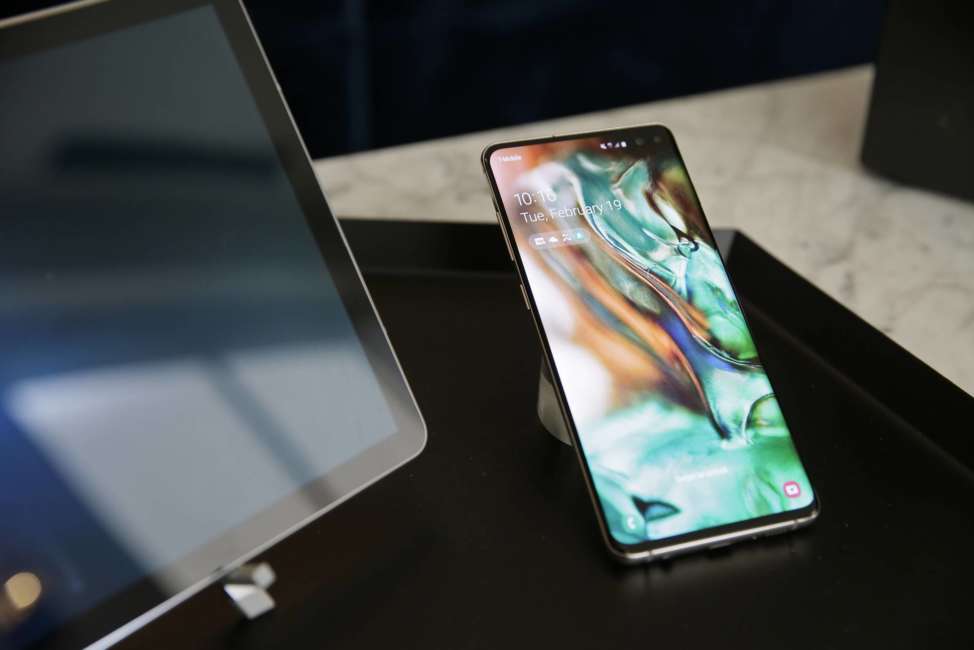 In this Tuesday, Feb. 19, 2019, photo is a Samsung Galaxy S10+ smartphone during a product preview in San Francisco. (AP Photo/Eric Risberg)