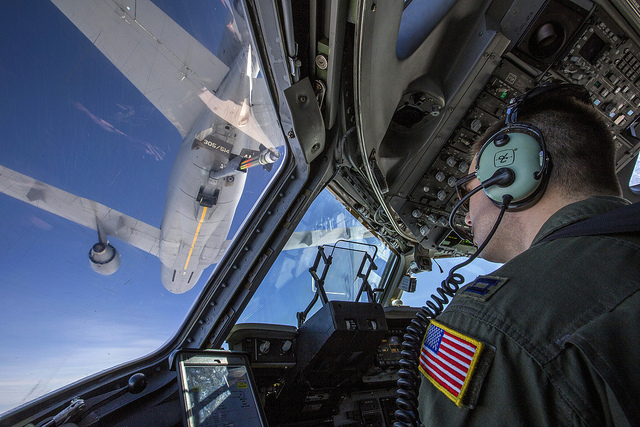 Capt. Thomas Beltz, C-17 Globemaster III pilot with the 514th Air Mobility Wing, closes in to refuel with a KC-10 Extender over the Atlantic Ocean, Feb. 10, 2018. The 514th AMW is an Air Force Reserve Command unit located at Joint Base McGuire-Dix-Lakehurst, N.J.. 