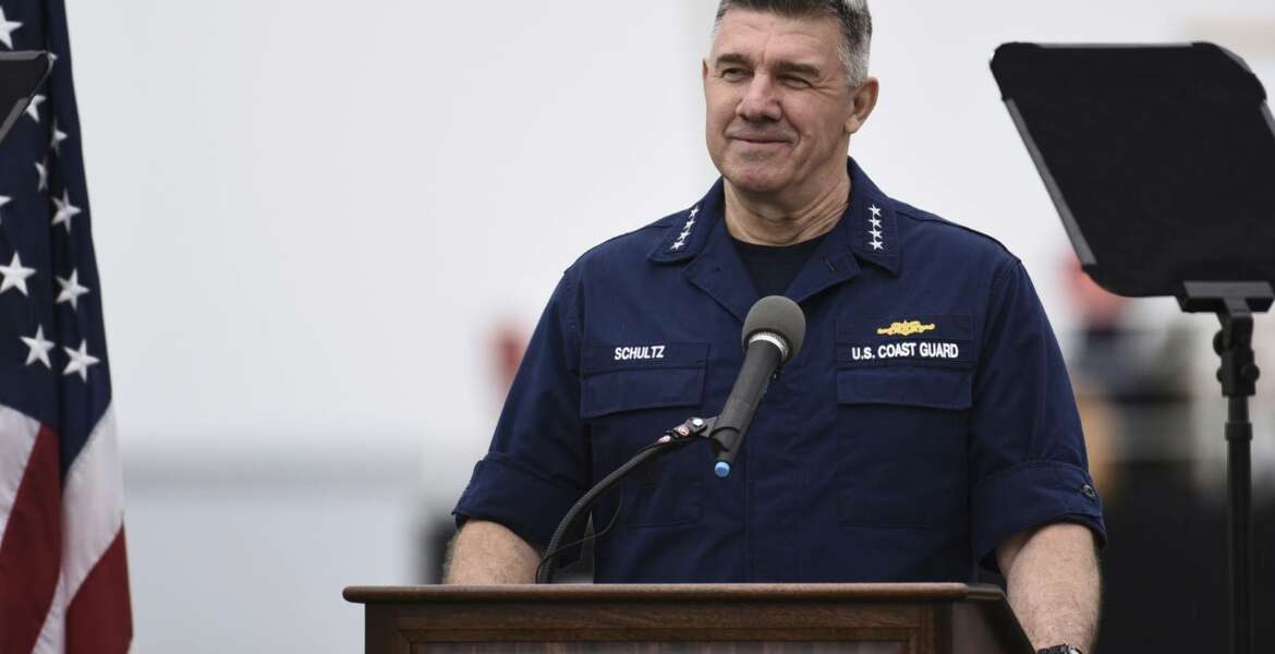 Adm. Karl Schultz, Coast Guard commandant, delivers the 2019 State of the Coast Guard Address at Coast Guard Base Los Angeles-Long Beach in San Pedro, Calif., Thursday, March 21, 2019. Strapped with an aging fleet, the U.S. Coast Guard is about to award a contract for a much-needed new icebreaker to help compete against Russia and China for a presence in the Arctic, but the service needs more funding for operations and infrastructure, its commandant said Thursday. (Seaman Ryan Estrada/U.S. Coast Guard via AP)