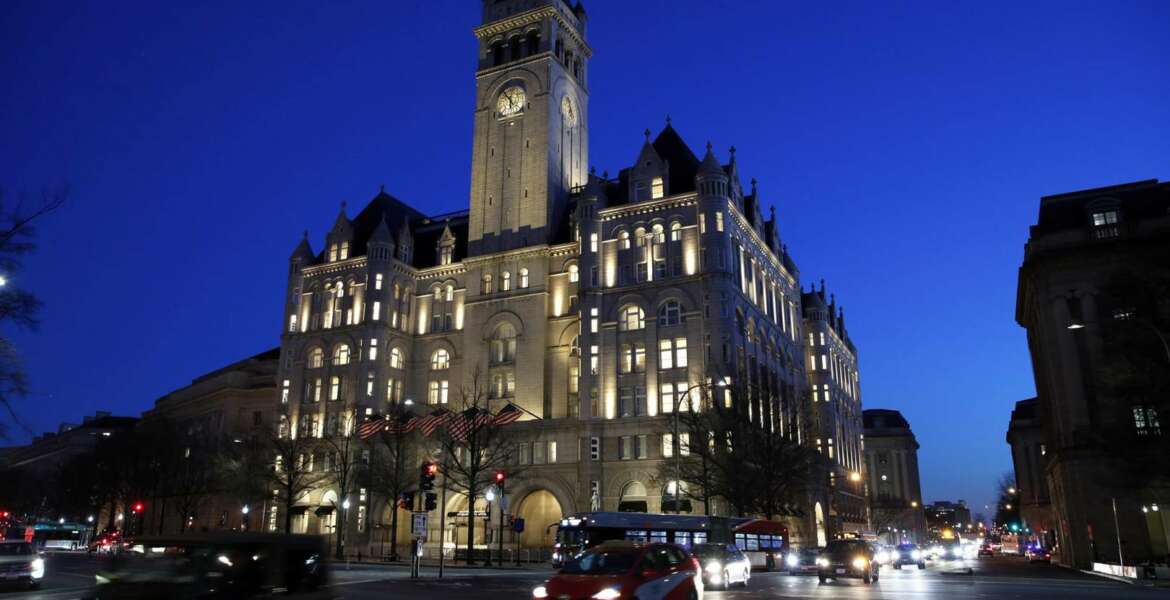 FILE - This Jan. 30, 2018, file photo shows the Trump International Hotel in Washington. A federal appeals court is set to hear arguments in a lawsuit that claims President Donald Trump is violating the Constitution by accepting profits from foreign and domestic officials through his hotel in Washington. (AP Photo/Alex Brandon, File)
