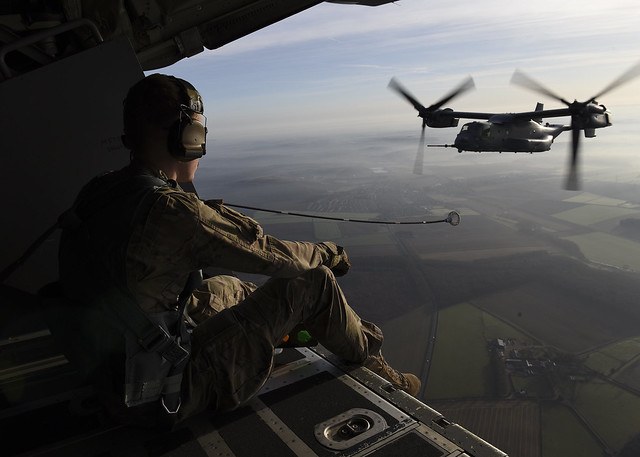 A U.S. Air Force CV-22 Osprey assigned to the 352nd Special Operations Wing, RAF Mildenhall, U.K., performs a flyover during the Mi Amigo 75th anniversary flypast event at Endcliffe Park, Sheffield, U.K., Feb. 22, 2019. The aircraft flew over the park where thousands of U.K. residents honored the memory of the ten fallen U.S. Airmen who died when their war-crippled B-17 Flying Fortress crash landed to avoid killing residents and nearby children. (U.S. Air Force photo by Airman 1st Class Jennifer Zima)