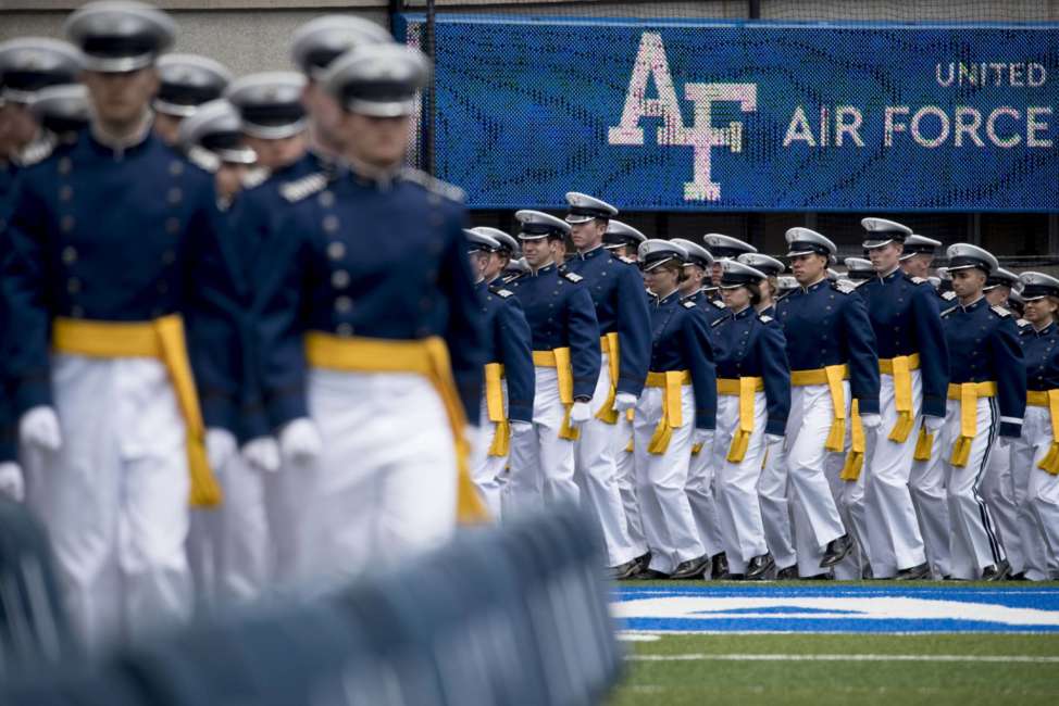 Air Force Cadets arrive at the 2019 United States Air Force Academy Graduation Ceremony at Falcon Stadium, Thursday, May 30, 2019, at the United States Air Force Academy, in Colorado Springs, Colo. (AP Photo/Andrew Harnik)