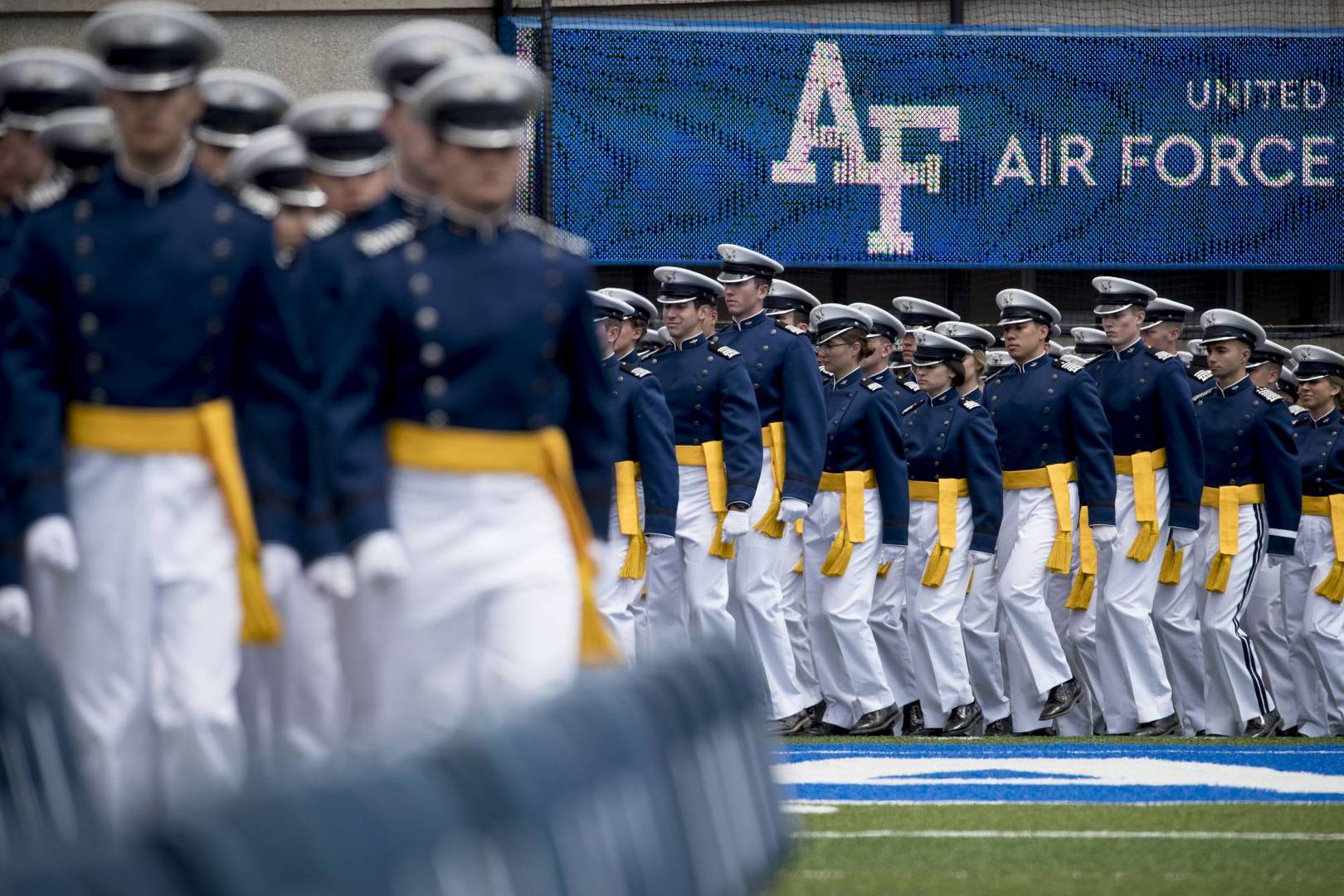 Air Force Cadets arrive at the 2019 United States Air Force Academy Graduation Ceremony at Falcon Stadium, Thursday, May 30, 2019, at the United States Air Force Academy, in Colorado Springs, Colo. (AP Photo/Andrew Harnik)