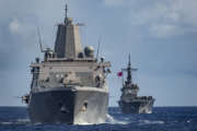 PHILIPPINE SEA (June 8, 2019) The amphibious transport dock ship USS Green Bay (LPD 20) and the Japan Maritime Self-Defense Force amphibious transport dock ship JS Kunisaki (LST 4003) sail in formation during a training exercise with other U.S. Navy and Japan Maritime Self-Defense Force warships. Ashland is underway conducting routine operations as part of the Wasp Amphibious Ready Group (ARG) in the U.S. 7th Fleet area of operations. (U.S. Navy photo by Mass Communication Specialist 2nd Class Markus Castaneda/Released)190608-N-WI365-1036