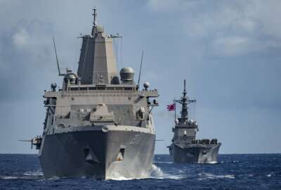 PHILIPPINE SEA (June 8, 2019) The amphibious transport dock ship USS Green Bay (LPD 20) and the Japan Maritime Self-Defense Force amphibious transport dock ship JS Kunisaki (LST 4003) sail in formation during a training exercise with other U.S. Navy and Japan Maritime Self-Defense Force warships. Ashland is underway conducting routine operations as part of the Wasp Amphibious Ready Group (ARG) in the U.S. 7th Fleet area of operations. (U.S. Navy photo by Mass Communication Specialist 2nd Class Markus Castaneda/Released)190608-N-WI365-1036