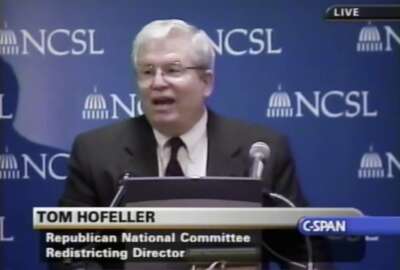 In this Aug. 13, 2001, file frame from video provided by C-SPAN, Tom Hofeller speaks during an event at the Republican National Committee in Washington. Hofeller, a mastermind of GOP redistricting preached keeping electronic records secure. But after his death in 2018, his own files found their way to the heart of lawsuits over a U.S. census question on citizenship and North Carolina’s legislative redistricting. (C-SPAN via AP)