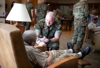 Army Command Sgt. Maj. John Troxell, the Senior Enlisted Advisor to the Chairman of the Joint Chiefs, and Senior Enlisted Leaders from across the Department of Defense visit the Armed Forces Retirement Home in Washington, D.C., as part of the Defense Senior Enlisted Leader Council (DSELC) Symposium, July 25, 2019. The DSELC brings together Service Senior Enlisted Advisors, Combatant Command and select Sub-Unified Command Senior Enlisted Leaders to meet and address enlisted issues impacting the Joint Force. (DoD Photo by Army Sgt. James K. McCann)