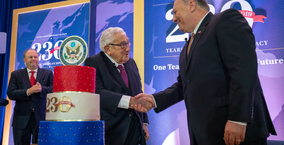 U.S. Secretary of State Michael R. Pompeo shake hands with former Secretary of State Dr. Henry Kissinger at the Department's 230th anniversary celebration at the U.S. Department of State in Washington, D.C., on July 29, 2019. [State Department photo by Ron Przysucha/Public Domain]