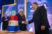 U.S. Secretary of State Michael R. Pompeo shake hands with former Secretary of State Dr. Henry Kissinger at the Department's 230th anniversary celebration at the U.S. Department of State in Washington, D.C., on July 29, 2019. [State Department photo by Ron Przysucha/Public Domain]