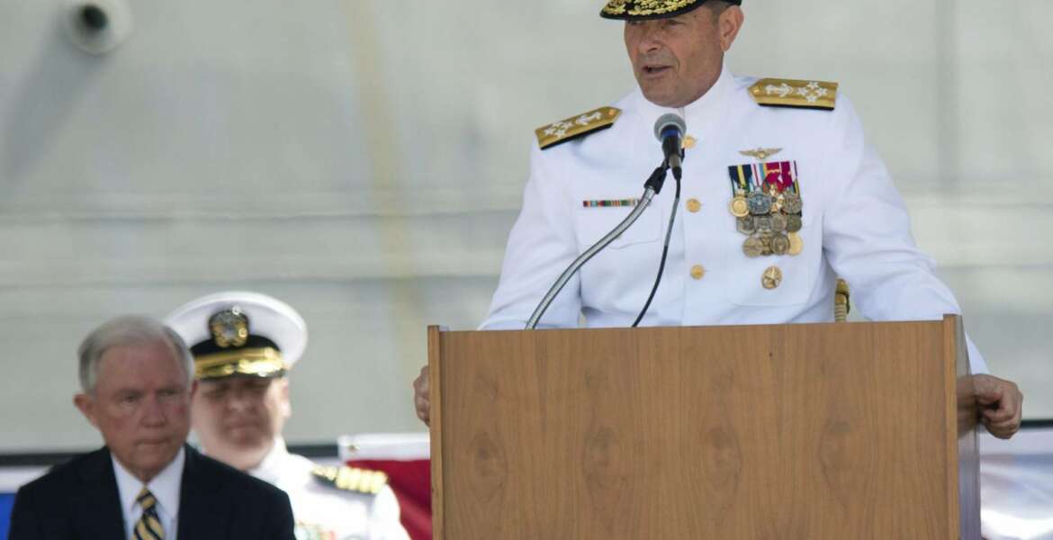 FILE- In this Sept. 10, 2016, file photo. Adm. William Moran speaks during the Commissioning of the USS Montgomery in Mobile, Ala. Moran, the Navy admiral set to become his service's top officer on Aug. 1, 2019, says he will instead retire. The extraordinary downfall of Moran was prompted by what Navy Secretary Richard Spencer on Sunday, July 7 called poor judgment. Spencer faulted Moran for having a professional relationship with a person who had been disciplined for what Spencer called 