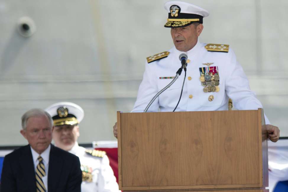 FILE- In this Sept. 10, 2016, file photo. Adm. William Moran speaks during the Commissioning of the USS Montgomery in Mobile, Ala. Moran, the Navy admiral set to become his service's top officer on Aug. 1, 2019, says he will instead retire. The extraordinary downfall of Moran was prompted by what Navy Secretary Richard Spencer on Sunday, July 7 called poor judgment. Spencer faulted Moran for having a professional relationship with a person who had been disciplined for what Spencer called "failing to meet the values and standards of the naval profession."  (Albert Cesare/Montgomery Advertiser via AP, File)