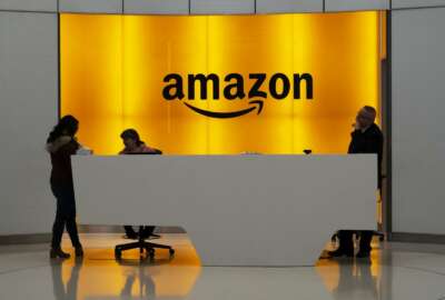 FILE - In this Feb. 14, 2019, file photo people stand in the lobby for Amazon offices in New York. Amazon and Microsoft are battling for a $10 billion opportunity to build the U.S. military its first “war cloud.” (AP Photo/Mark Lennihan, File)