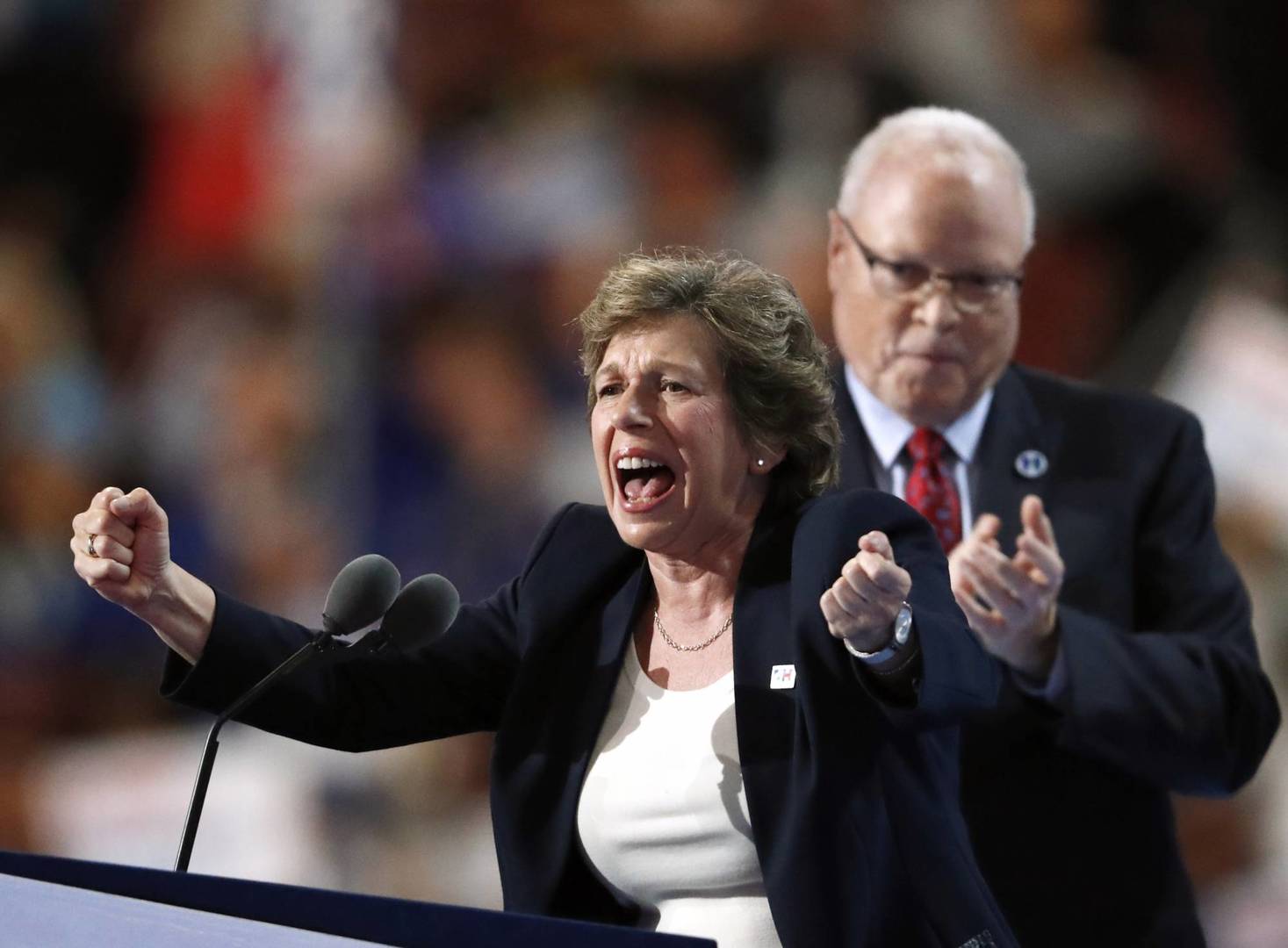 FILE - In this Monday, July 25, 2016, file photo, Randi Weingarten, president of American Federation of Teachers, speaks as Lee Saunders, president of American Federation of State, County and Municipal Employees, applauds during the first day of the Democratic National Convention in Philadelphia. Union membership among public employees has fallen only slightly in the nation’s most unionized states since the Supreme Court ruled in 2018 that government workers no longer could be required to pay union fees, according to an analysis of federal data conducted for The Associated Press. (AP Photo/Paul Sancya, File)